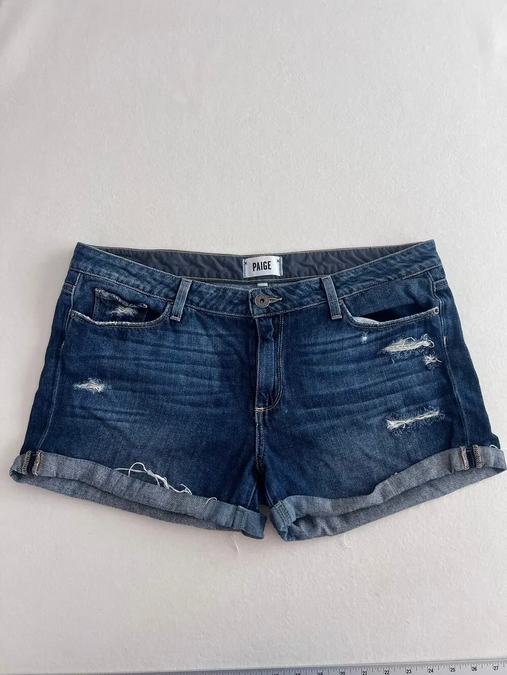PAIGE Womens 31 Jimmy Distressed Denim Shorts Dark Wash Cuffed Mid Rise